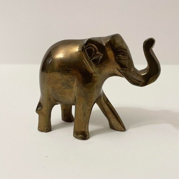 Vintage Brass Elephant Figure 3 Inch Long Trunk Up Figurine - Picture 4 of 16